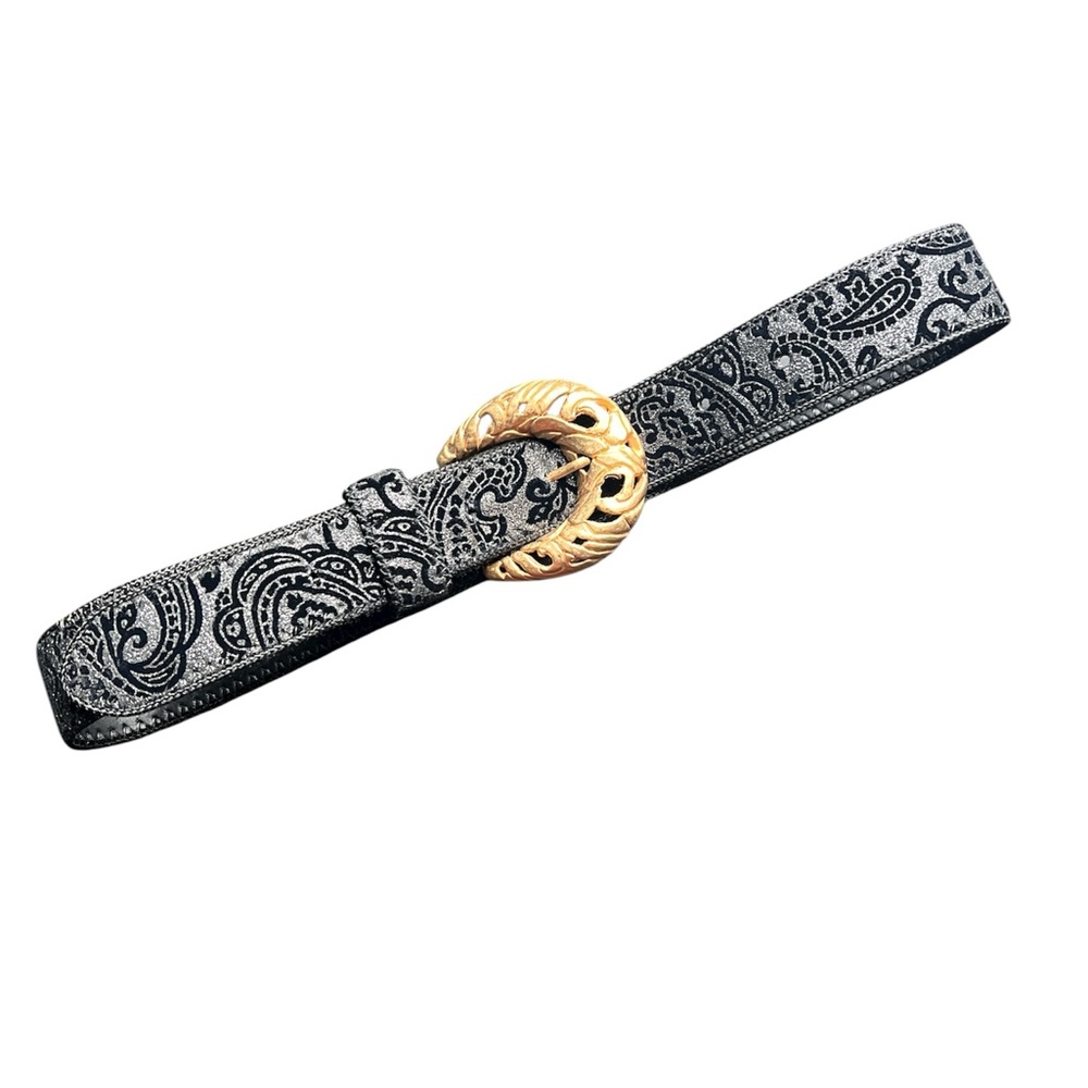 Century Canada Vintage Paisley Belt Matte Gold Buckle Lurex Fabric Small Medium